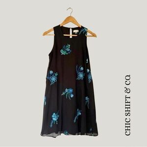 Calvin Klein Embroidered Chiffon Trapeze Dress - Black Floral, Size 6